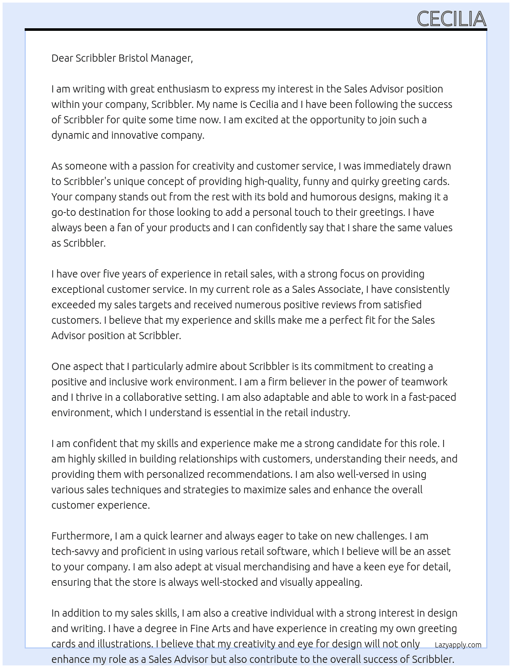 Sales Advisor At Scribbler Cover Letter