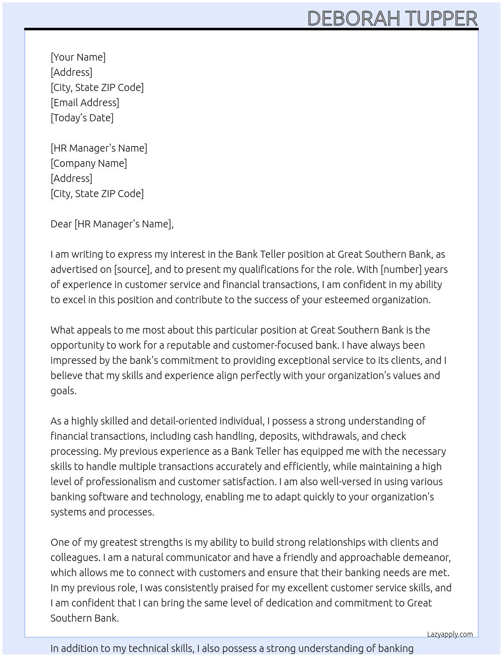 Bank Teller At Great Southern Bank Cover Letter