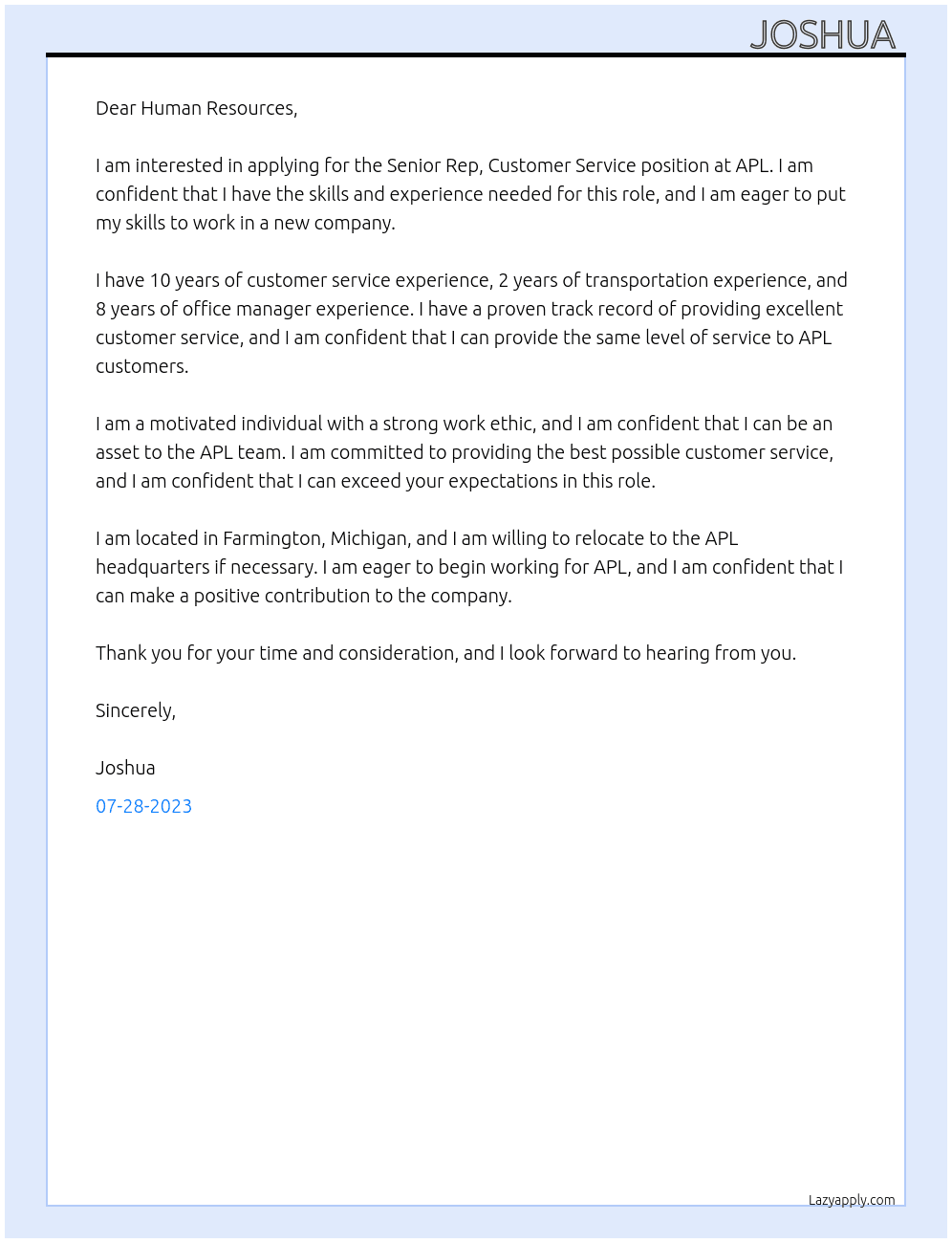 Senior Rep, Customer Service  At APL Cover Letter