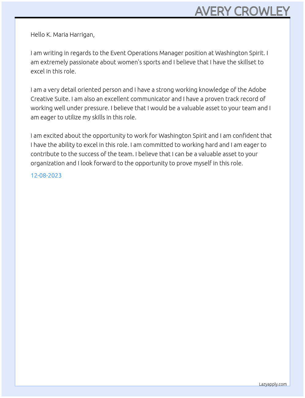 Event Operations Manager At Washington Spirit Cover Letter