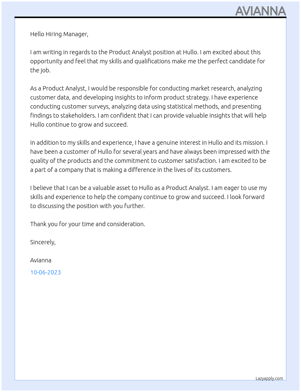 Product Analyst  At Hullo Cover Letter