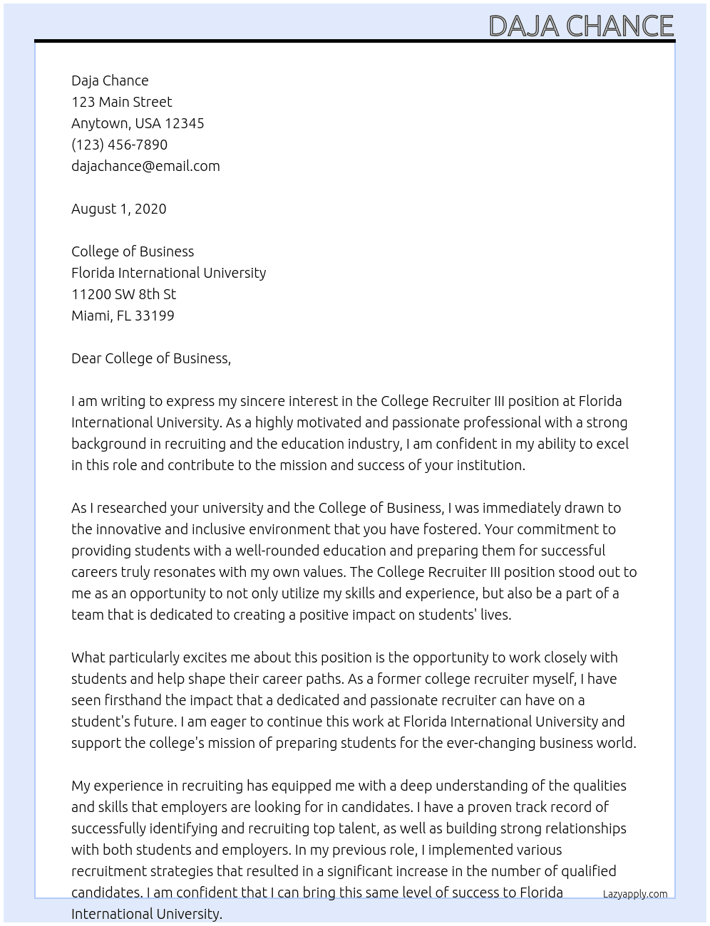 College Recruiter III At Florida International University Cover Letter