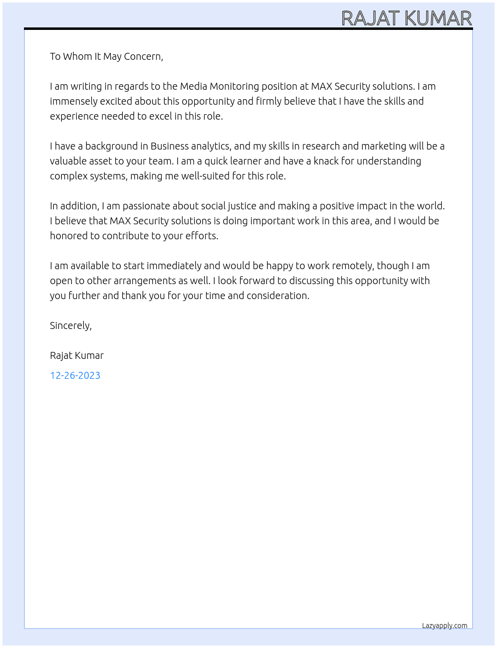 Media monitoring  At MAX Security solutions  Cover Letter