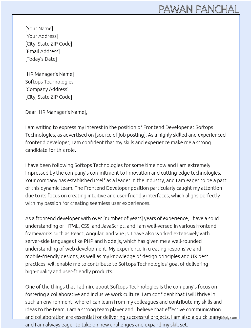 Frontend Developer At Softops technologies Cover Letter