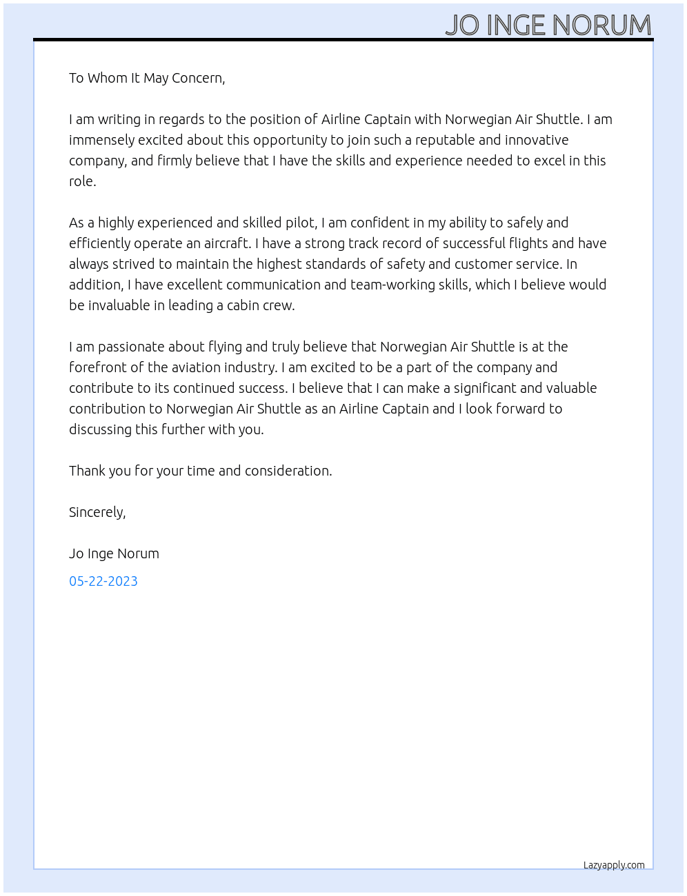 Airline Captain At Norwegian Air Shuttle Cover Letter