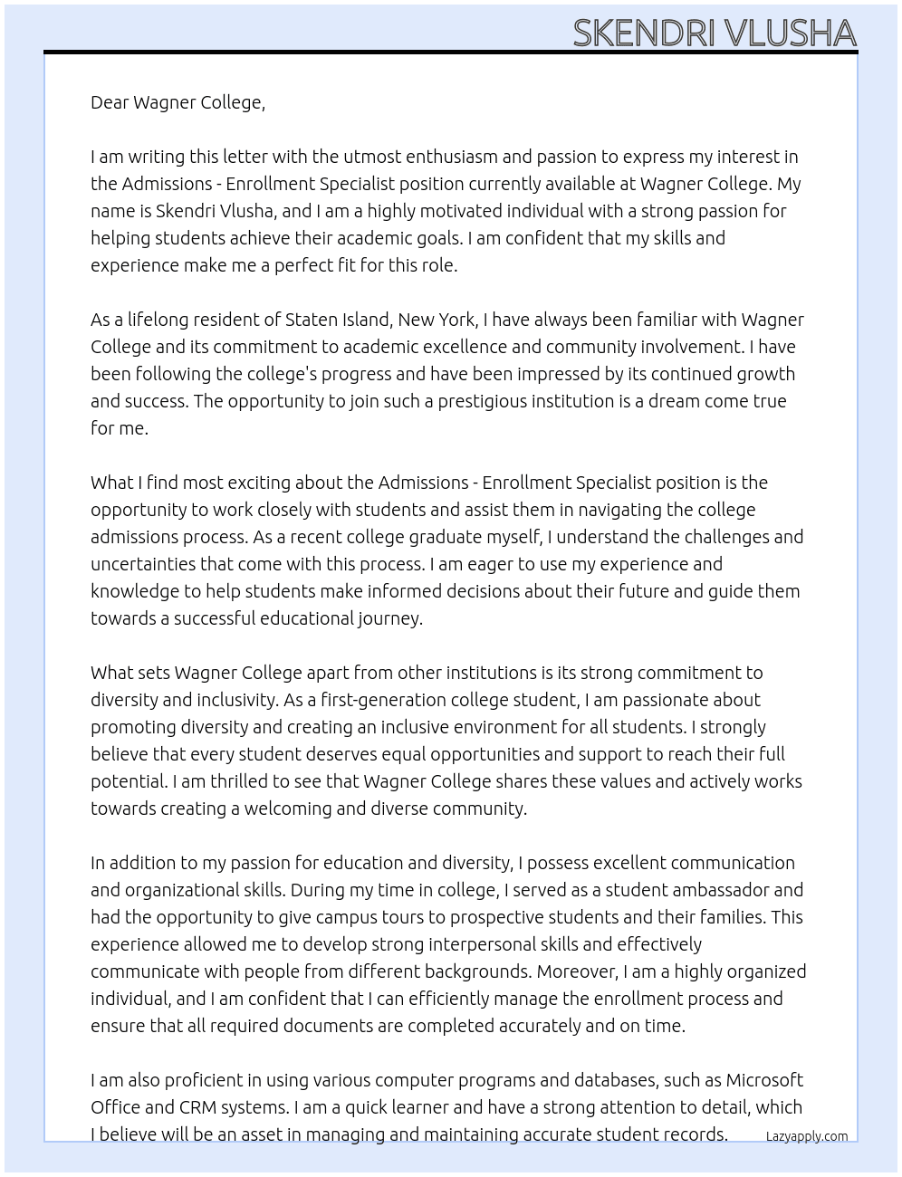 Admissions - Enrollment Specialist At wagner collegewagner college Cover Letter