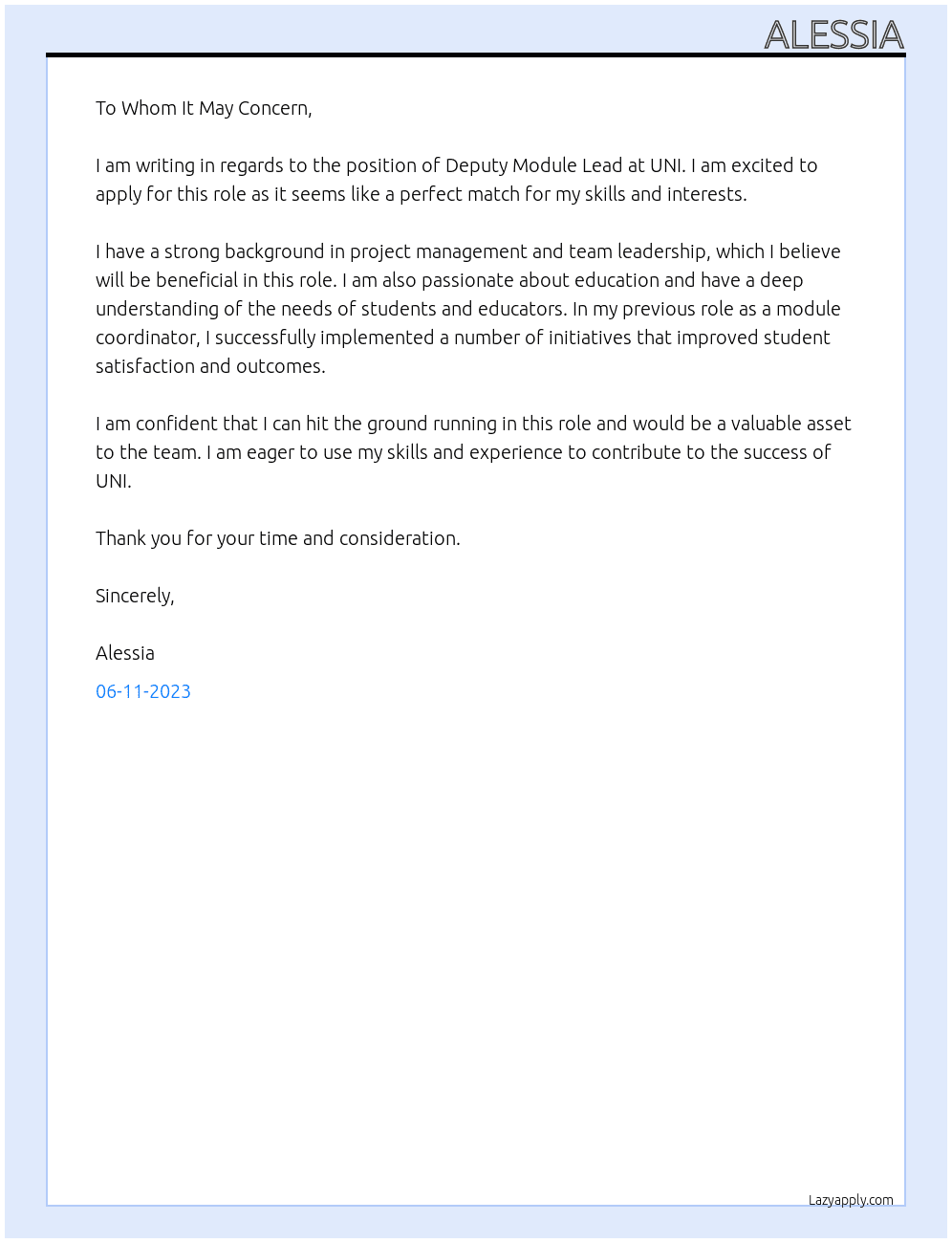 Deputy module lead At uni Cover Letter