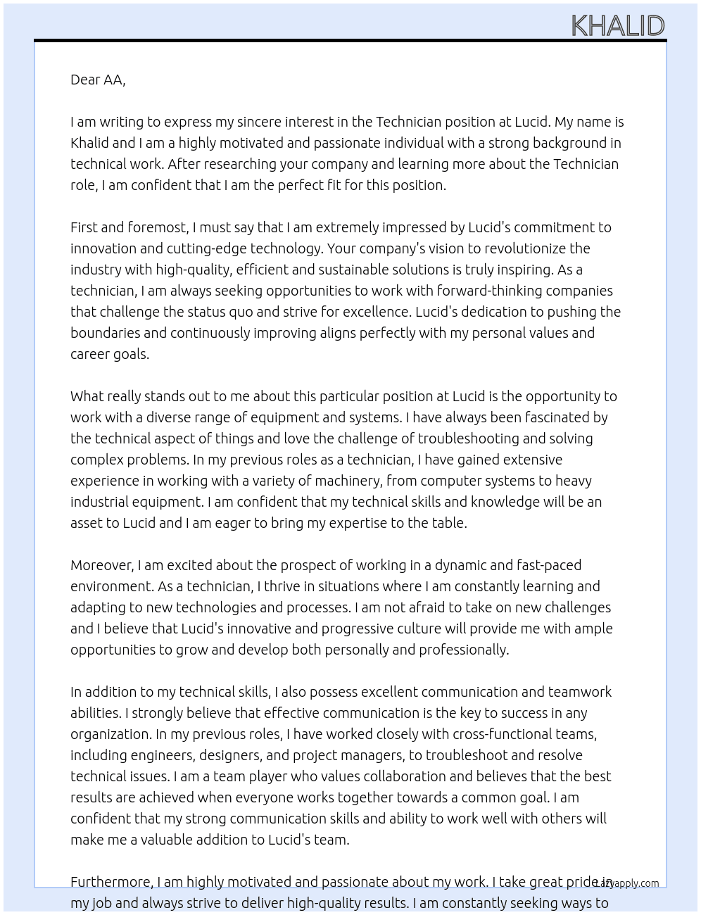 tecechniction At lucid Cover Letter
