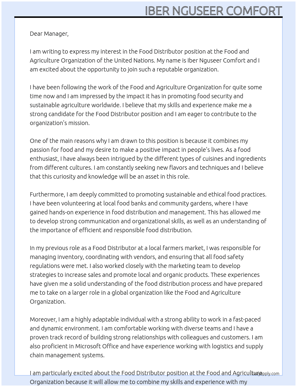 Food Distributor  At Food and Agriculture Organization of the United Nations Cover Letter
