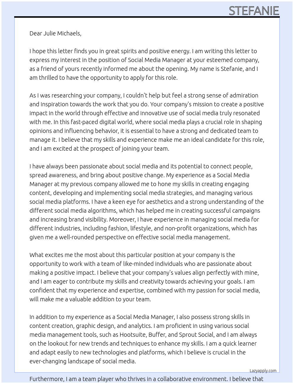 social media manager  At friend of Julie Michaels  Cover Letter