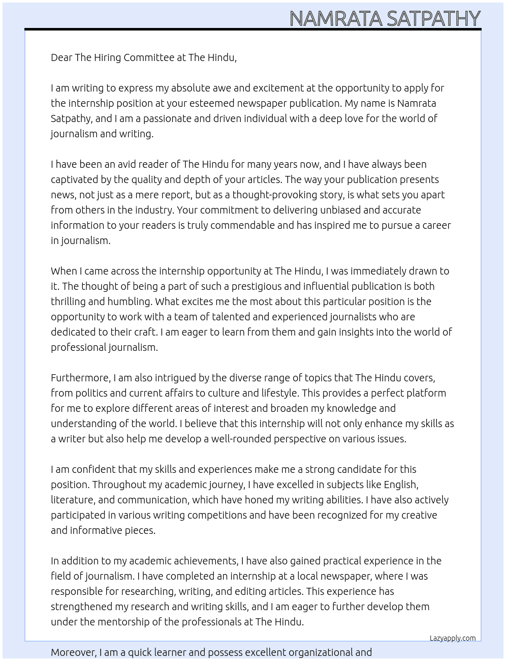 internship at a newspaper publiction At The Hindu Cover Letter
