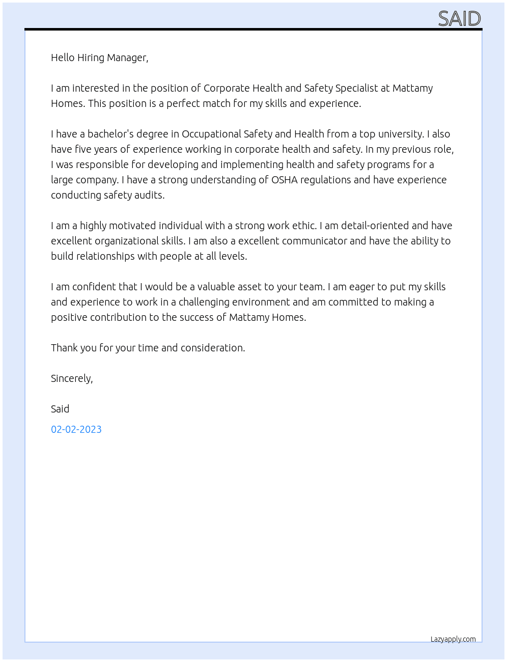 Corporate Health and Safety Specialist At Mattamy Homes Cover Letter