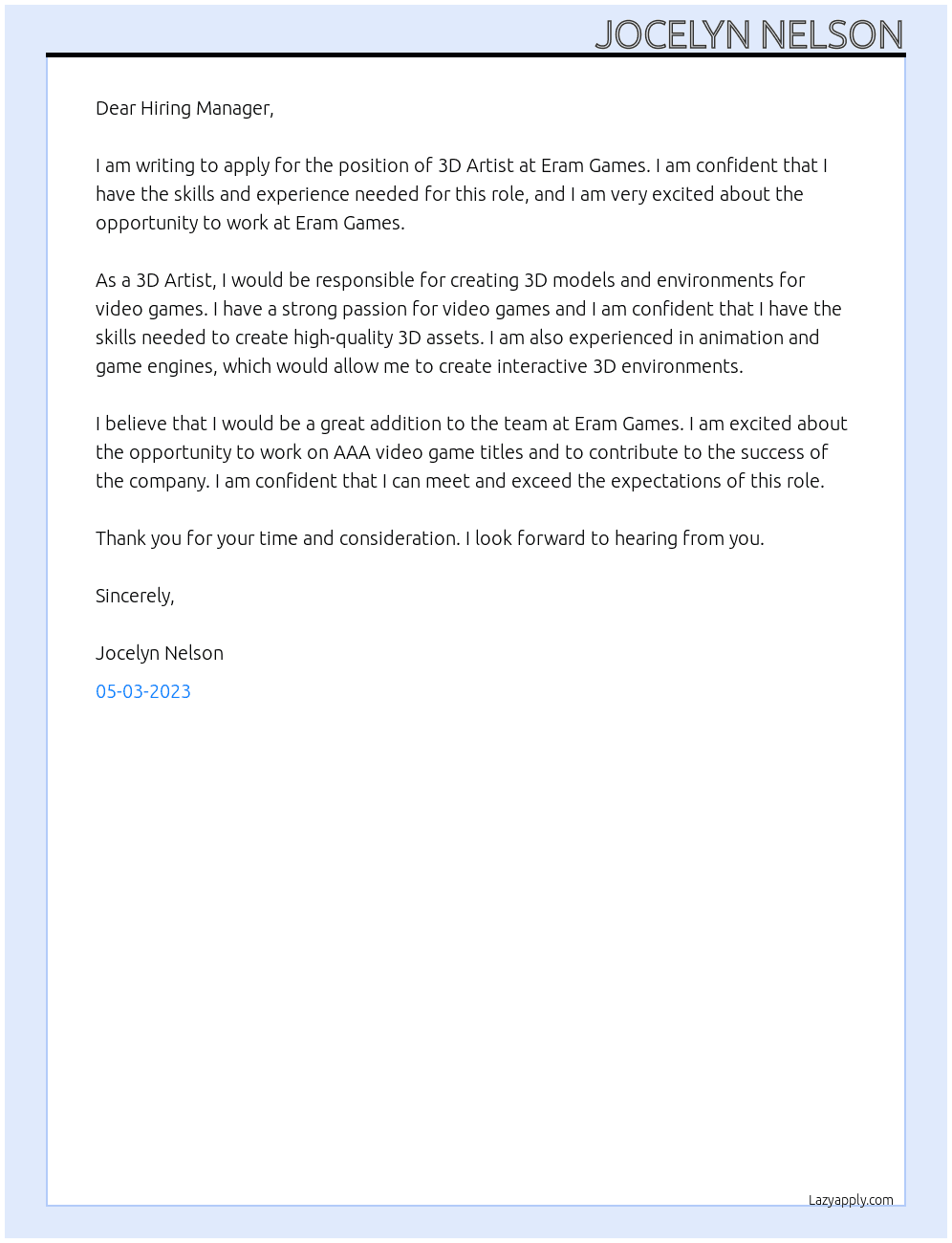 3D Artist At Eram Games Cover Letter