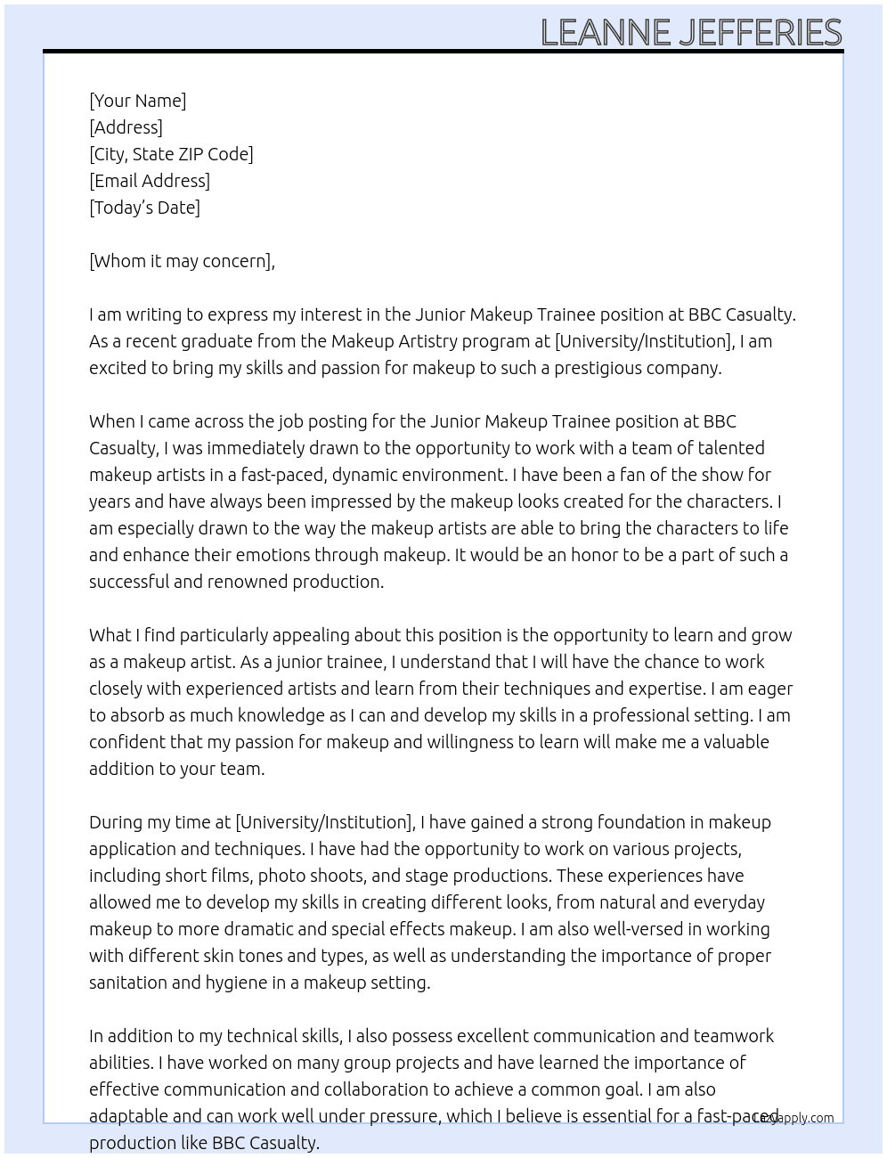 Junior makeup trainee At BBC Casualty Cover Letter