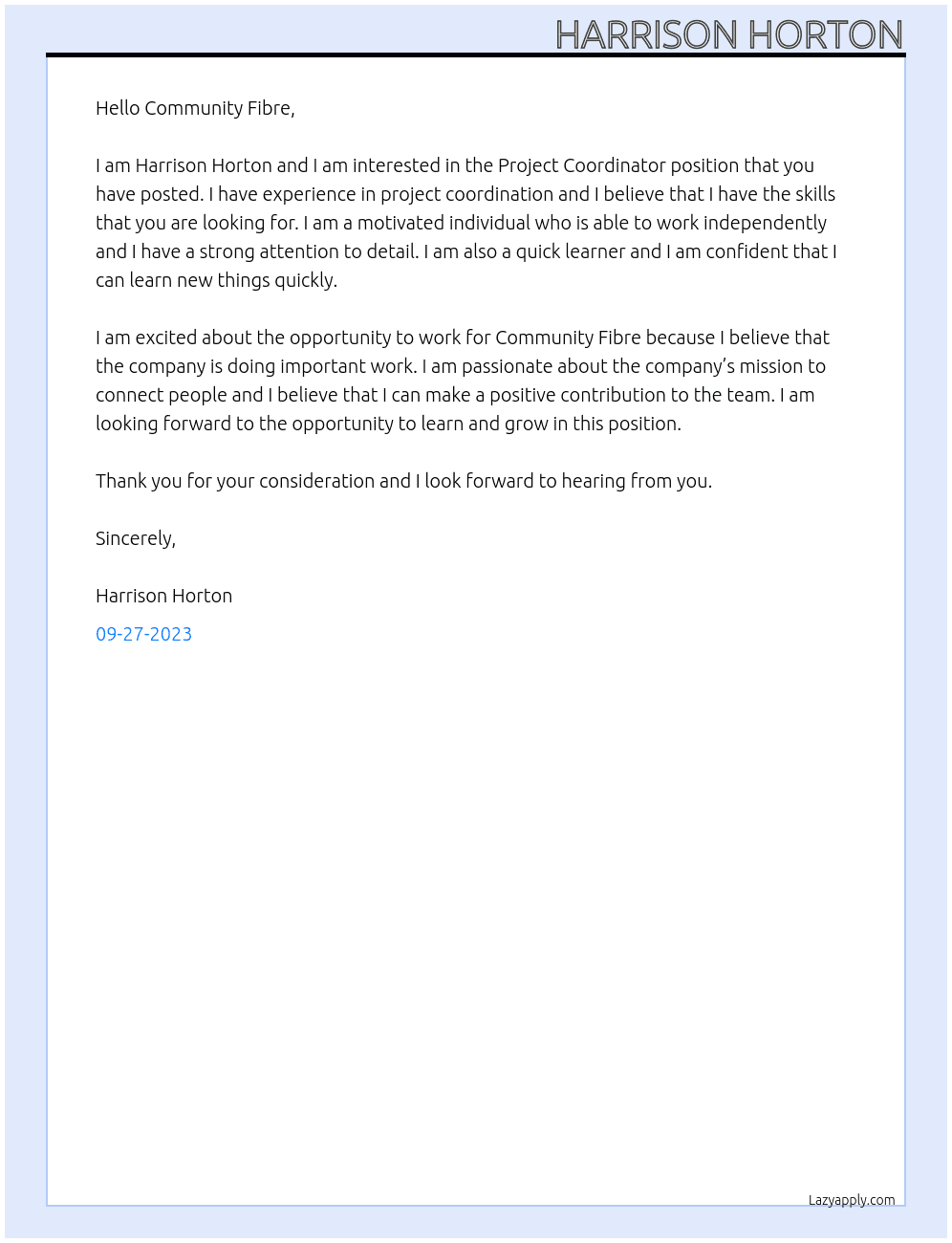 Project Coordinator At Community Fibre Cover Letter