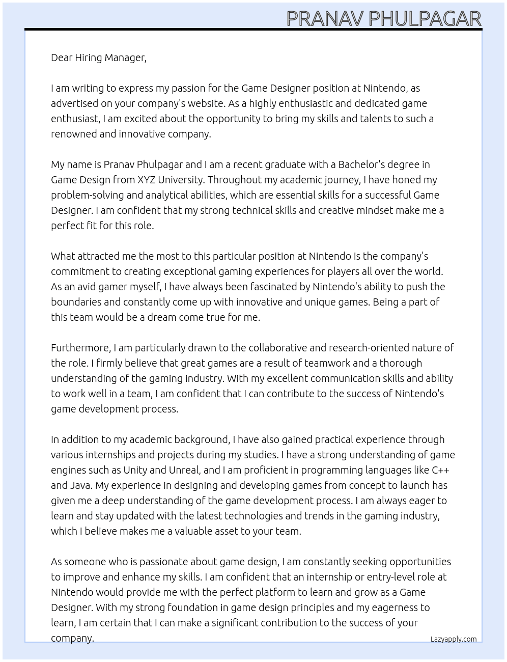 Game Designer At Nintendo Cover Letter