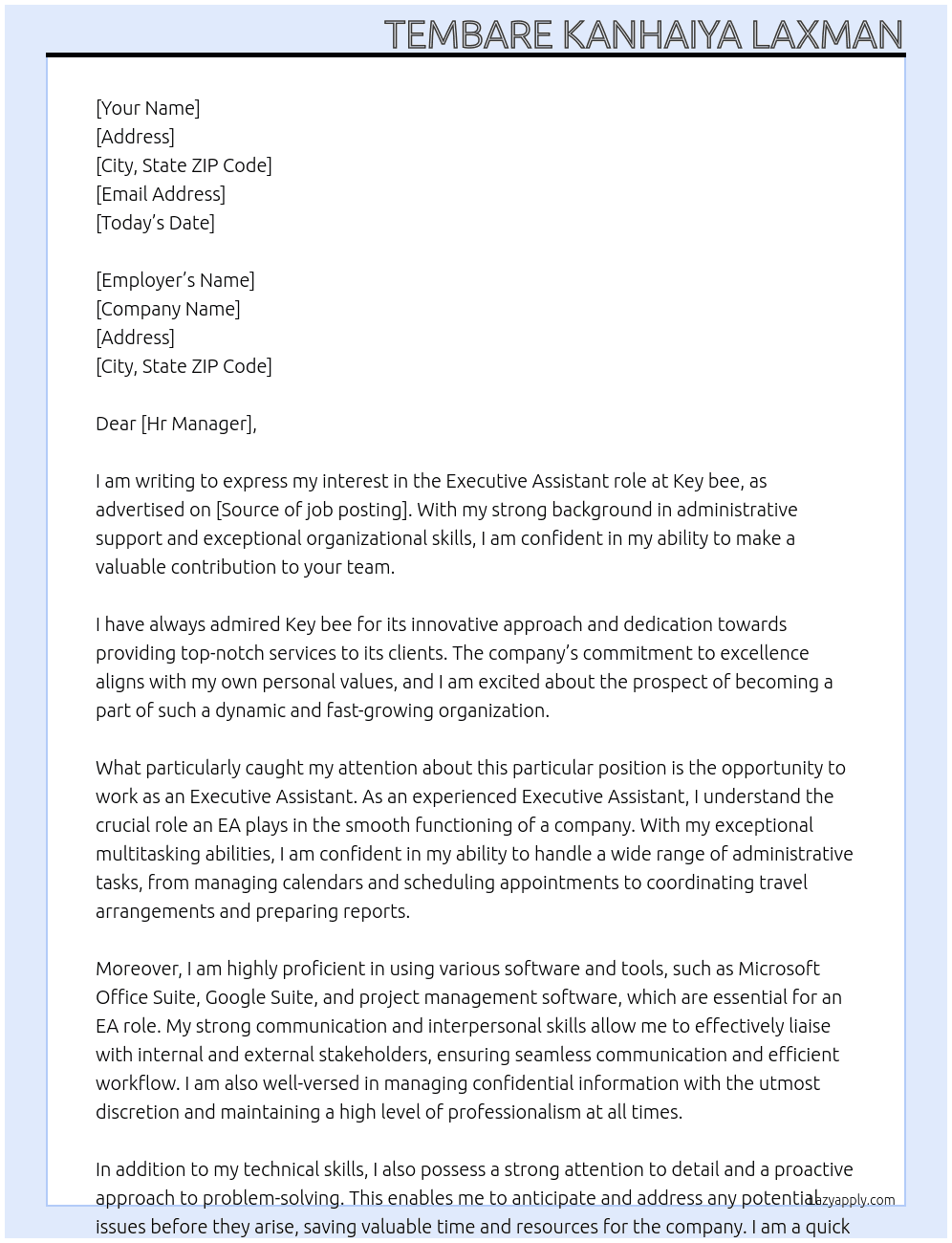 Executive Assistant At Key bee Cover Letter