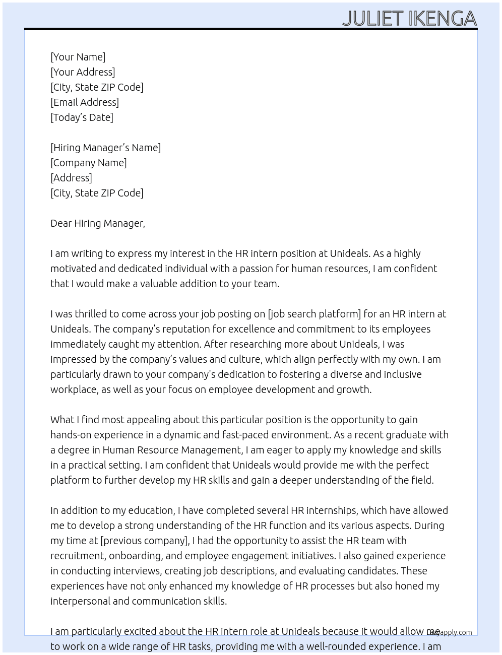 HR intern At Unideals Cover Letter