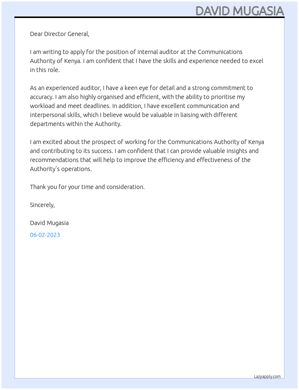 internal auditor At Communications Authority of Kenya Cover Letter