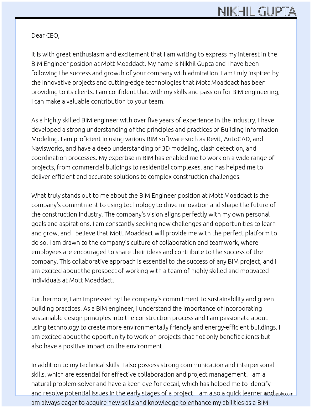 bim engineer At mott moaddact Cover Letter