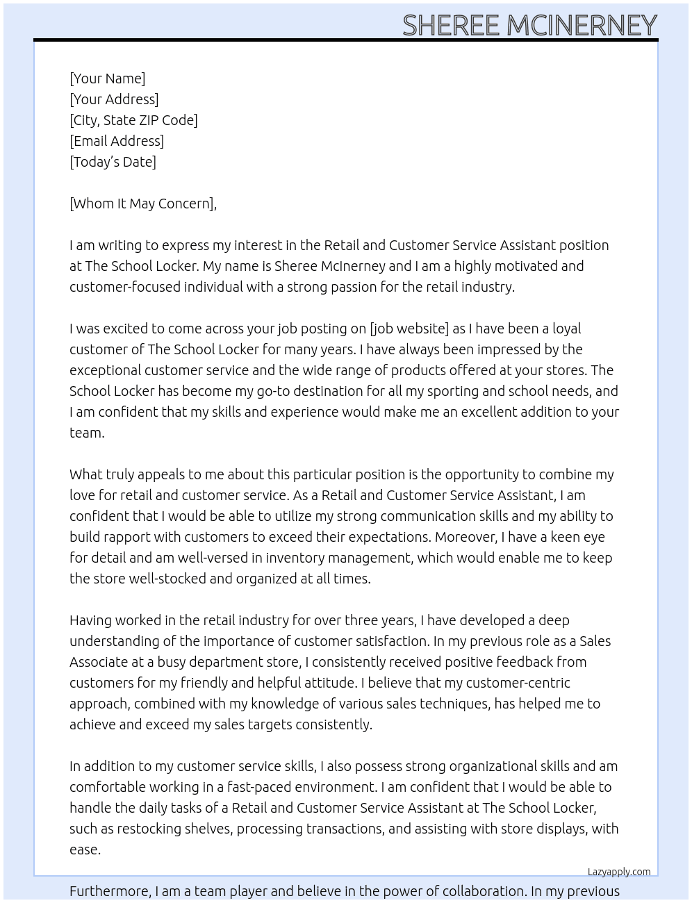 Retail and Customer Service Assistant At The School Locker Cover Letter