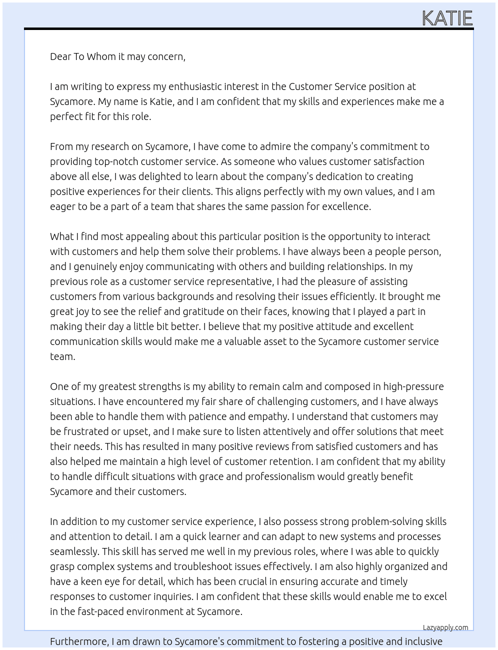 Customer service At Sycamore Cover Letter