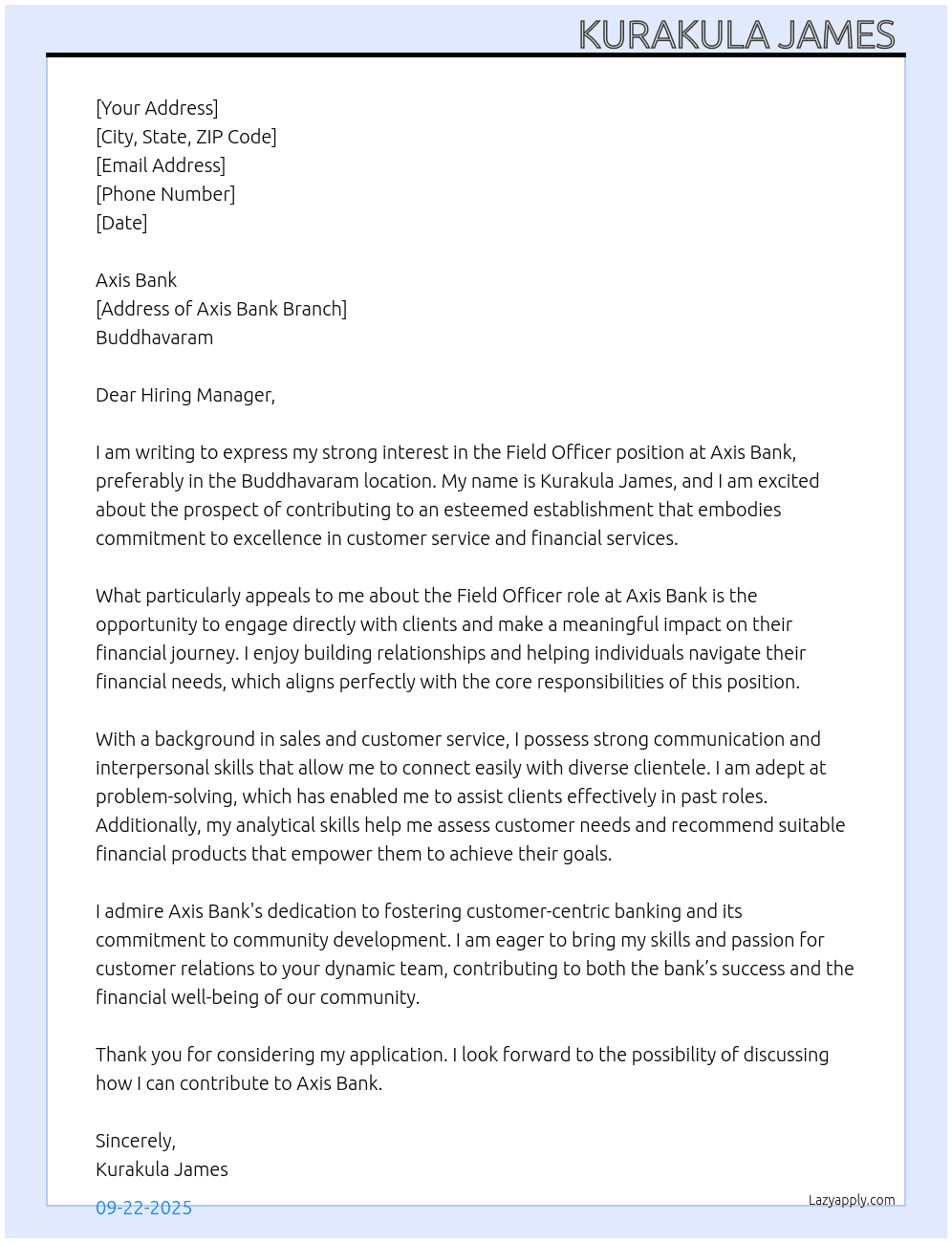 Field officer  At Axis Bank  Cover Letter