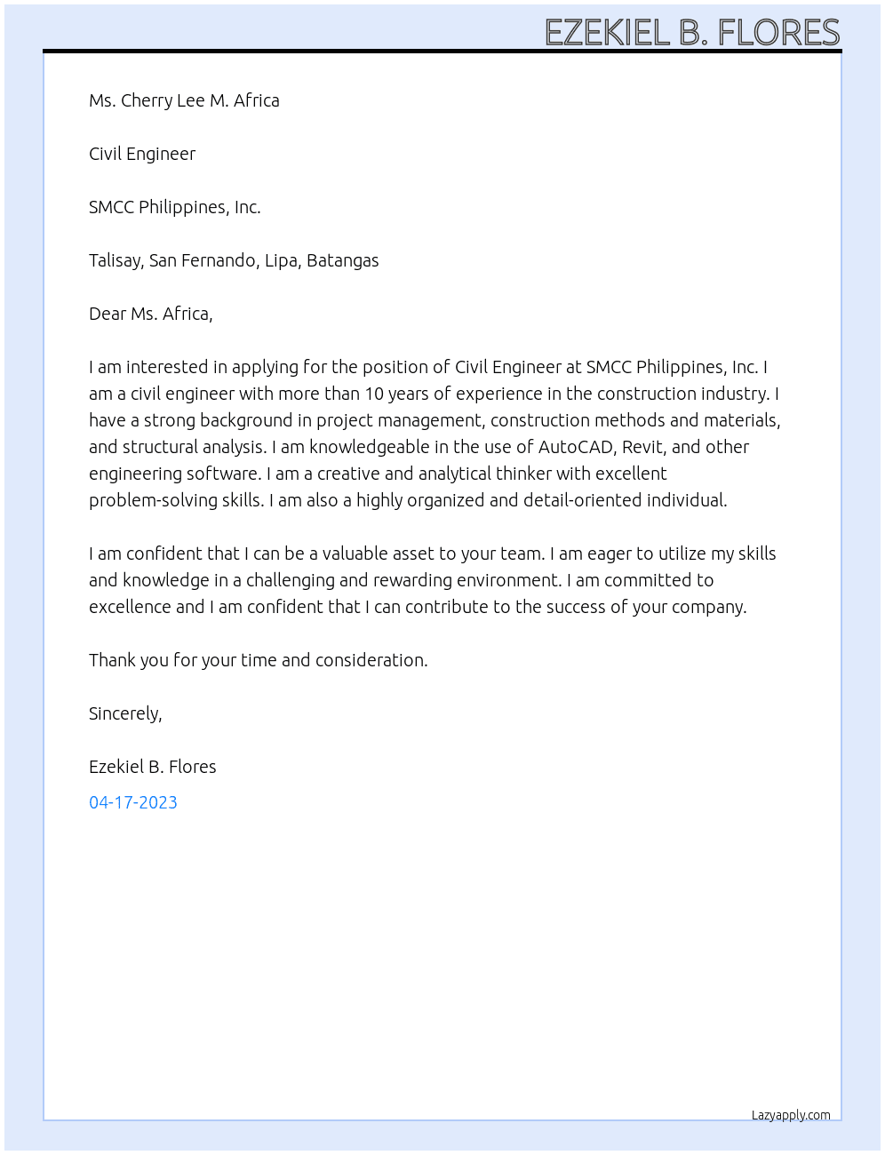 Civil Engineer  At SMCC Philippines, Inc. Cover Letter