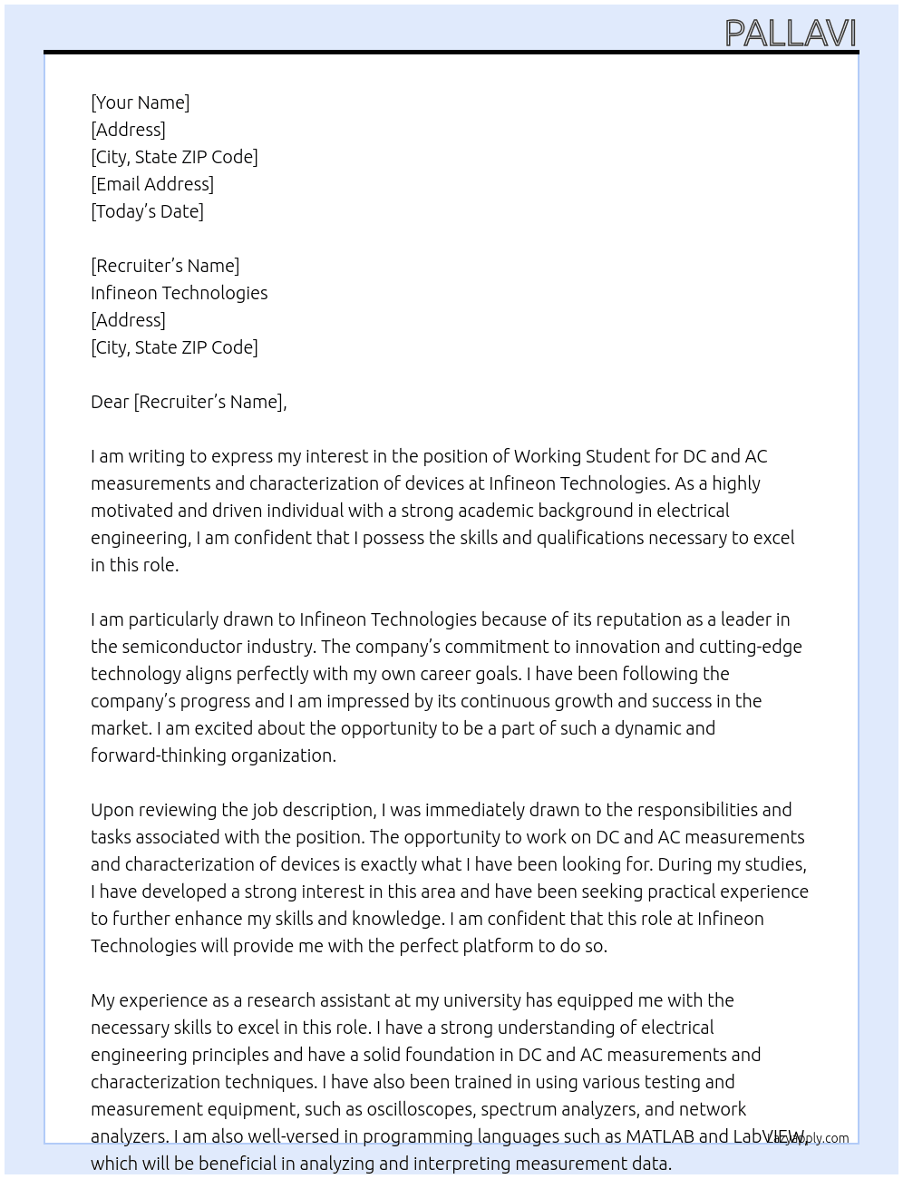 Working Student: DC and AC measurements and characterization of devices At Infineon Technologies Cover Letter