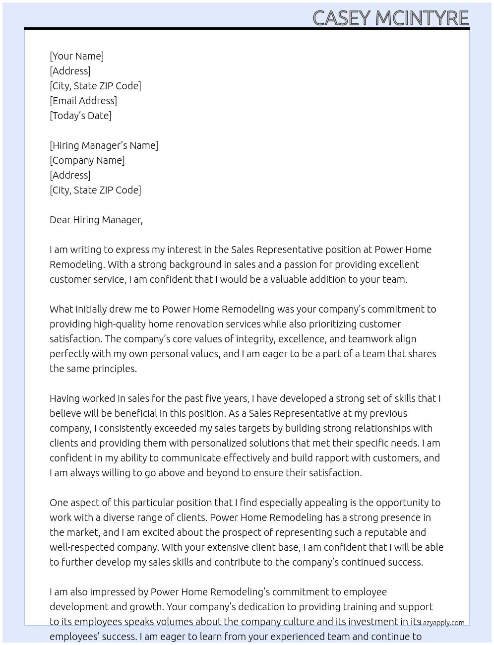Sales representative  At Power Home Remodeling Cover Letter