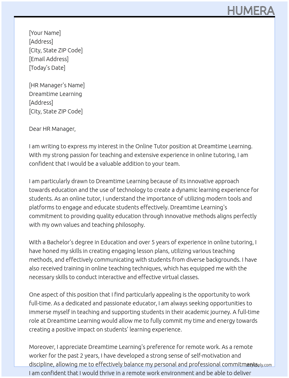Online Tutor At Dreamtime Learning Cover Letter