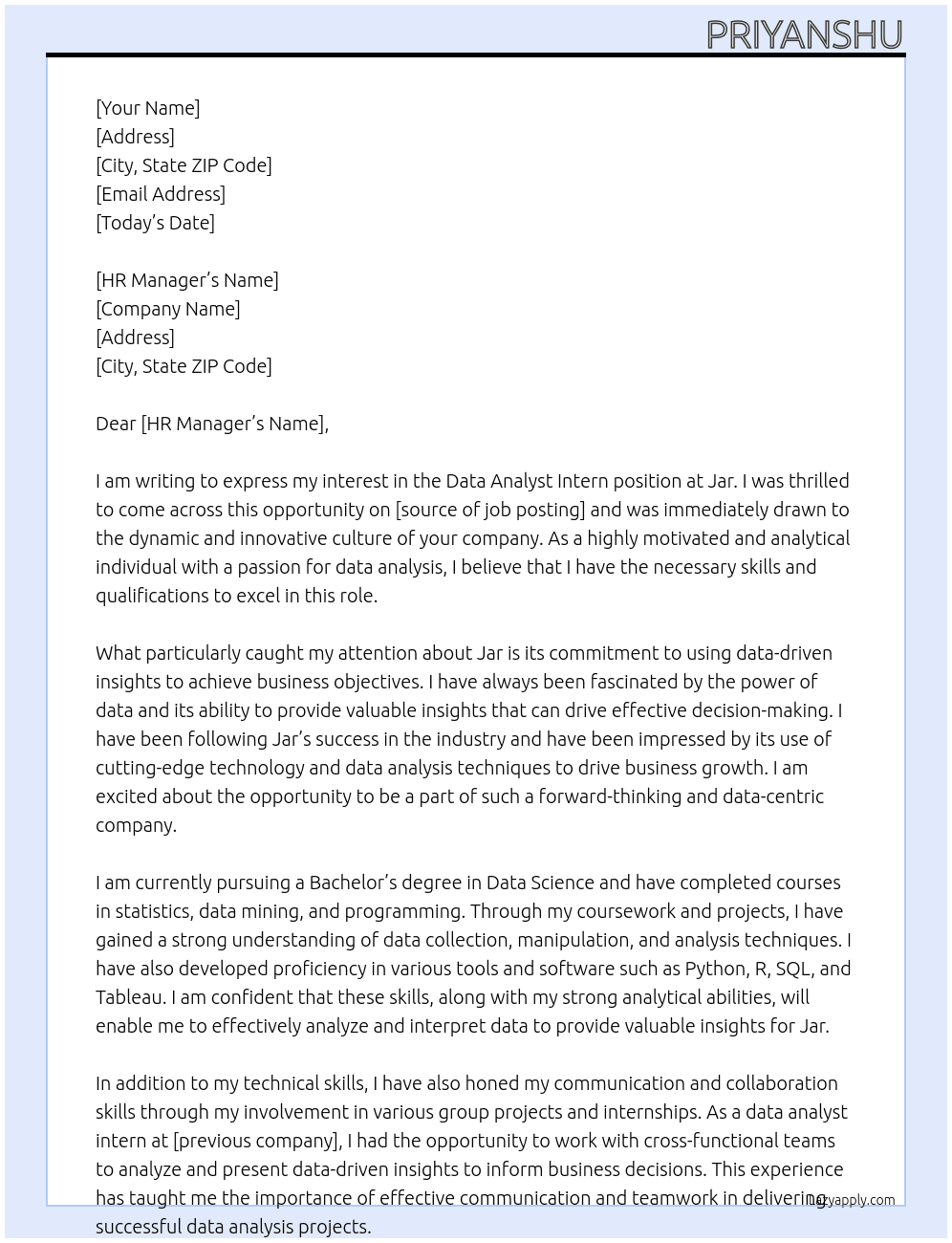 Data Analyst Intern At Jar Cover Letter