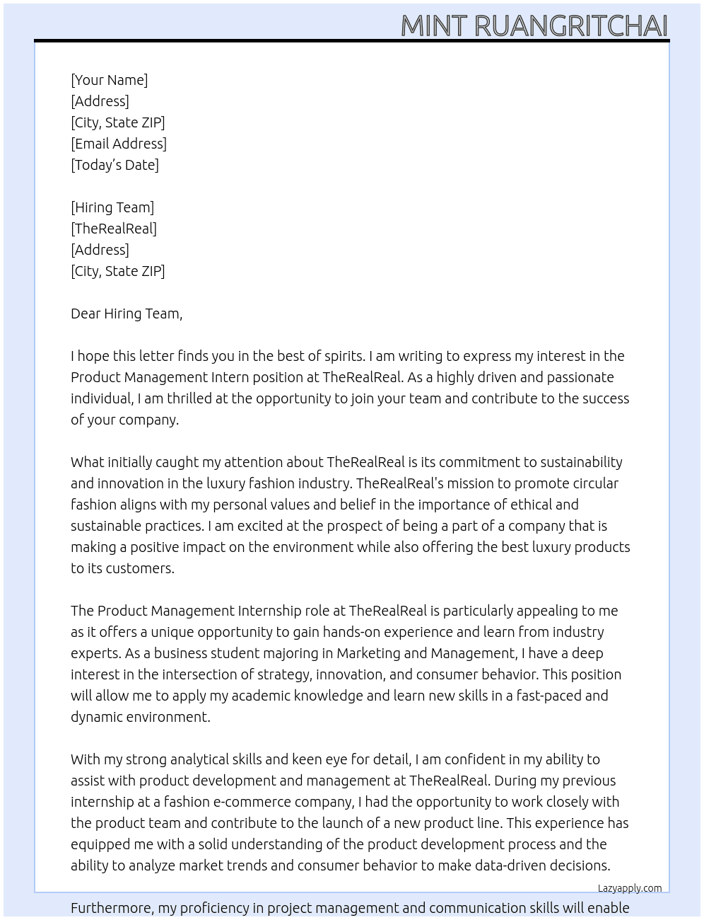 Product Management Intern At TheRealReal Cover Letter