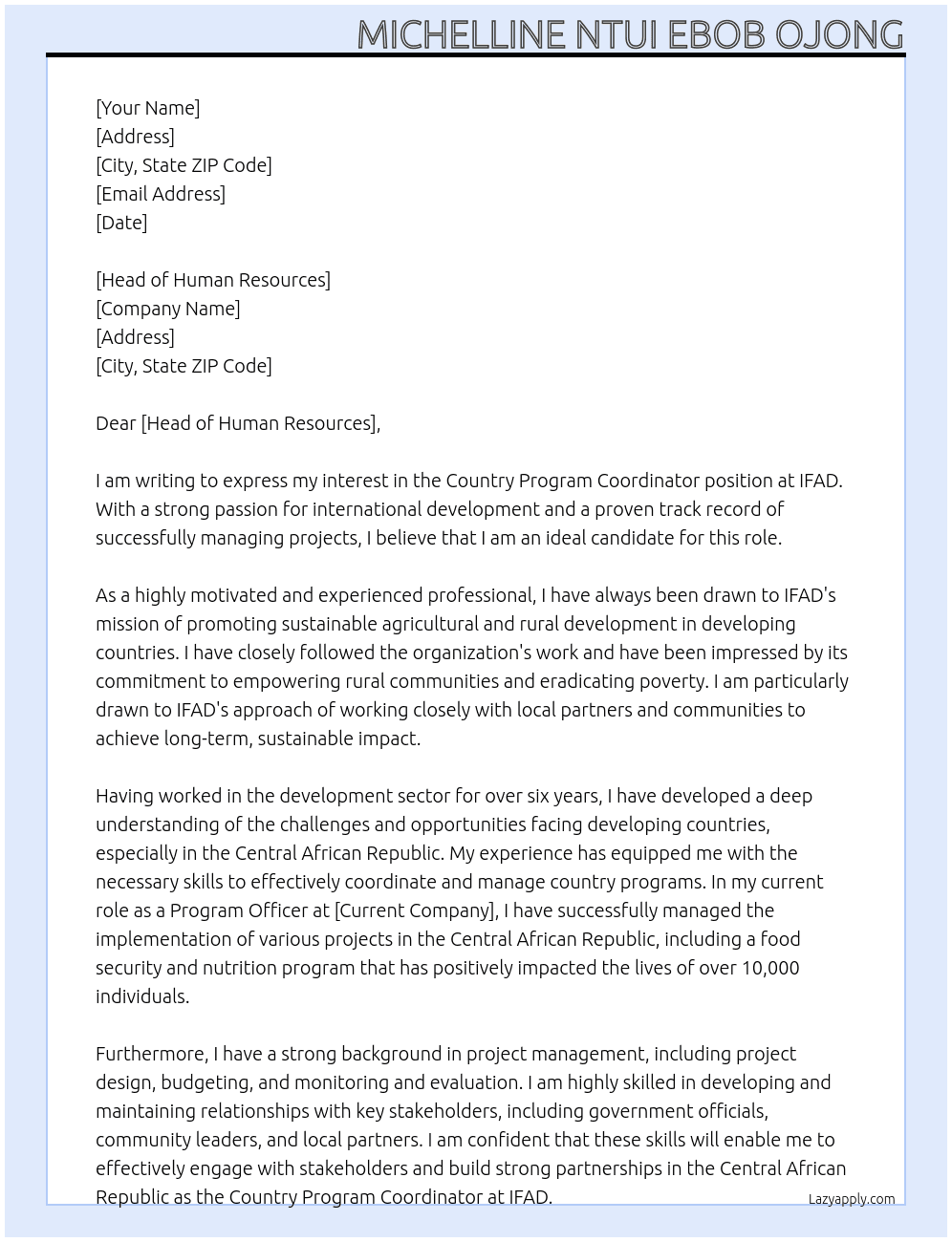 Country program Coordinator  At IFAD Cover Letter