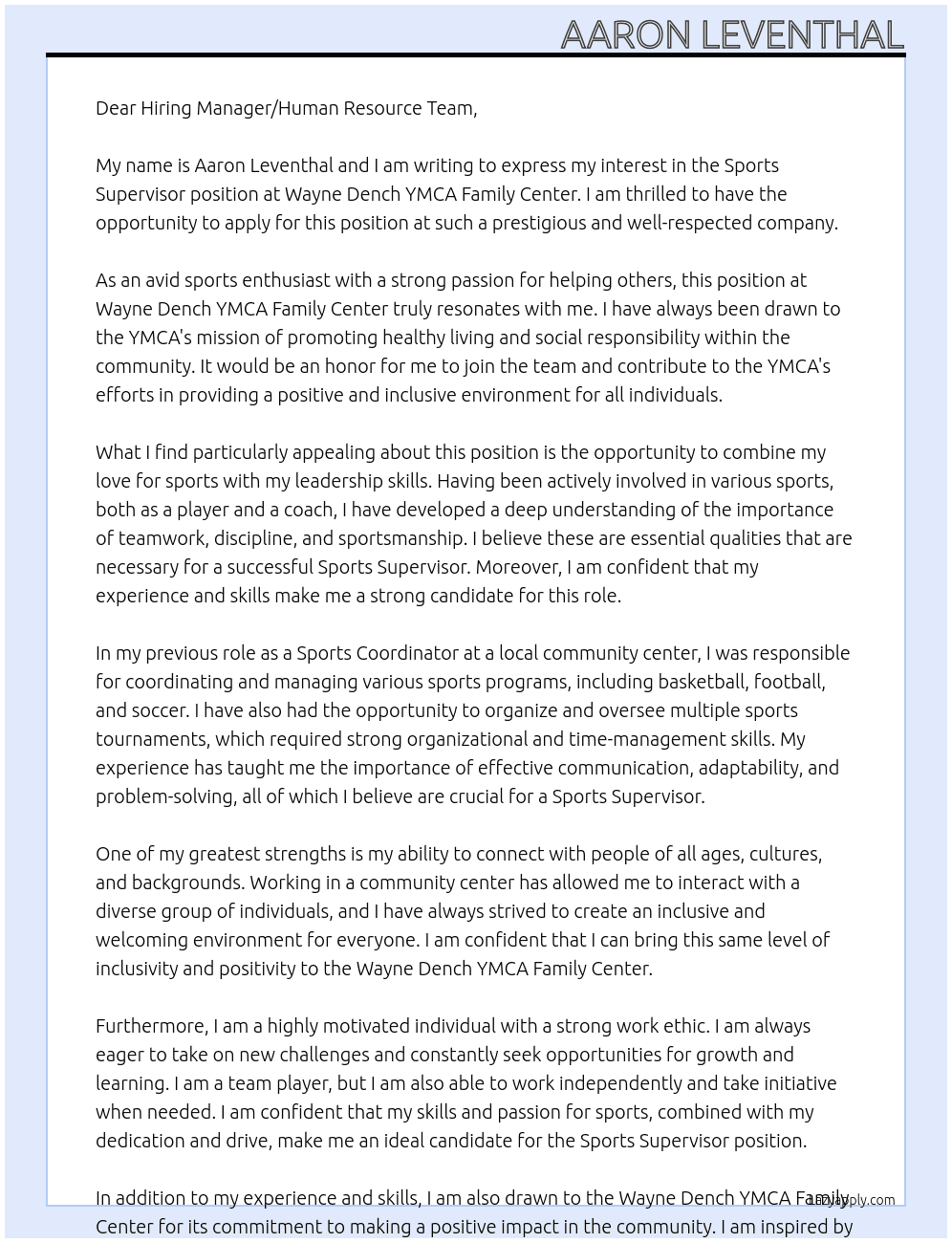 Sports Supervisor At Wayne Dench YMCA Family Center Cover Letter