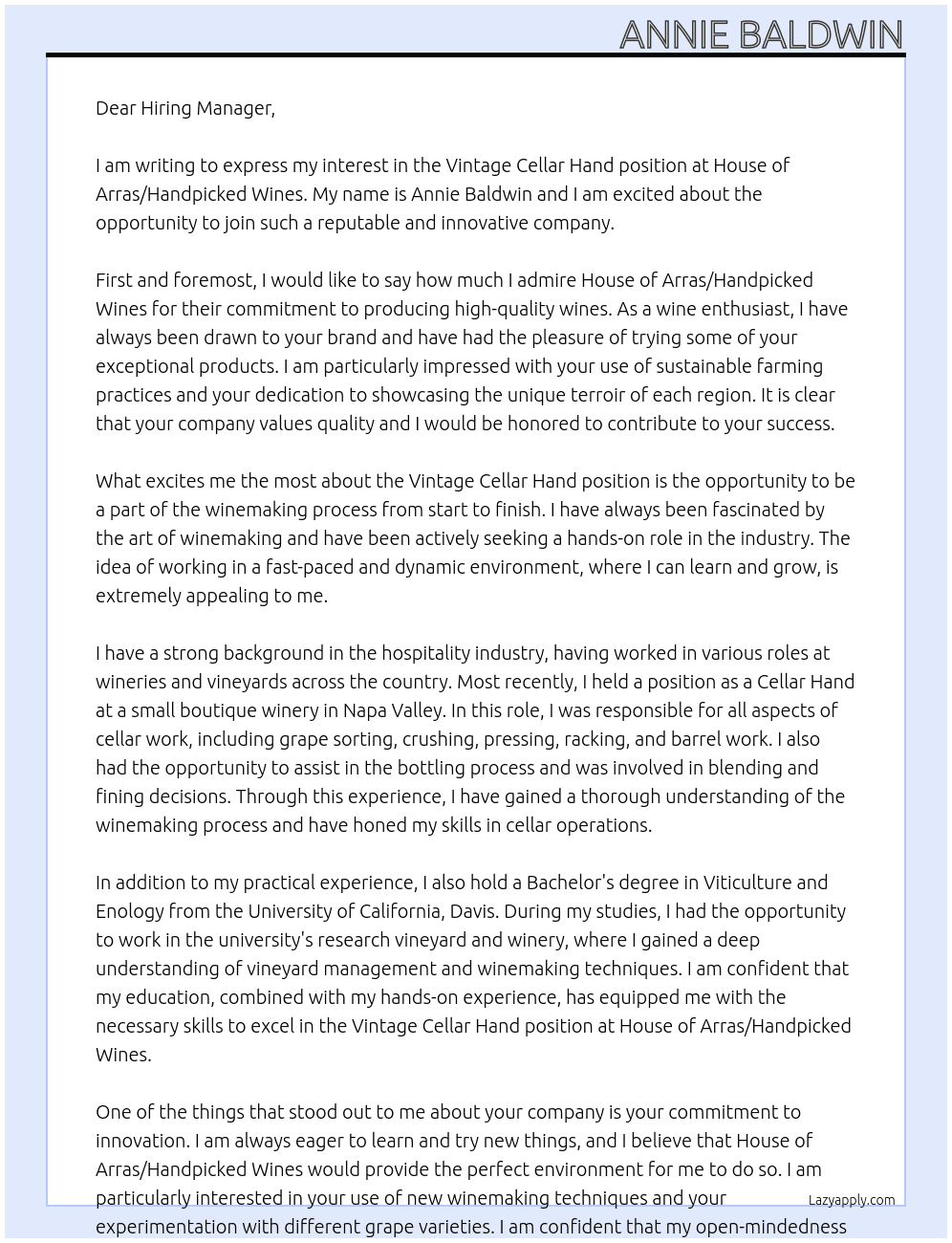 Vintage Cellar Hand At House of Arras/Handpicked Wines Cover Letter
