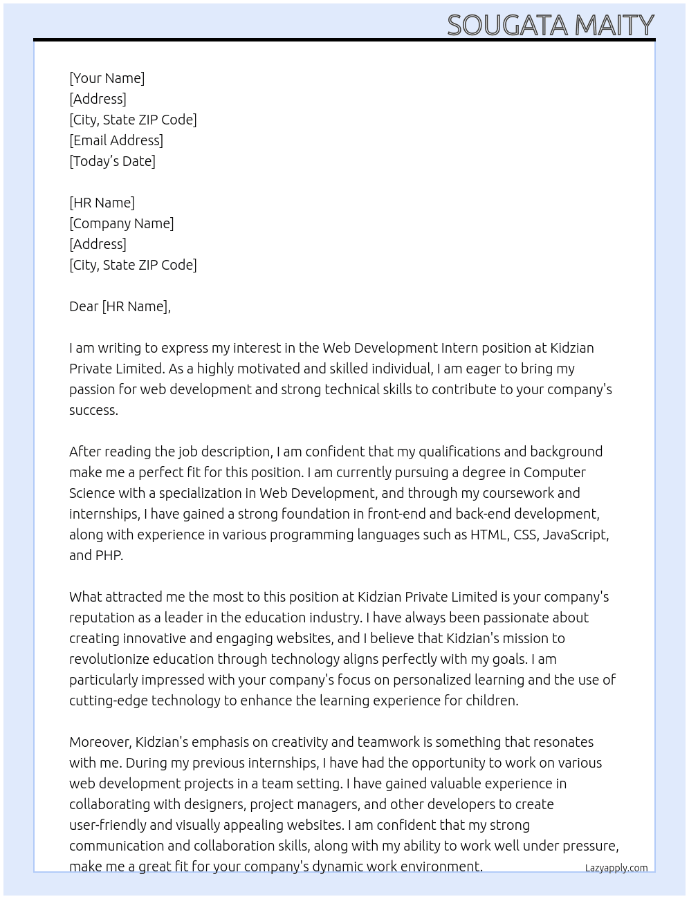 Web development intern At Kidzian Private Limited Cover Letter