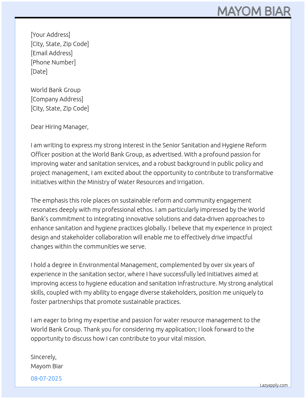 Cover letter for senior sanitation and hygiene reform officer - LazyApply