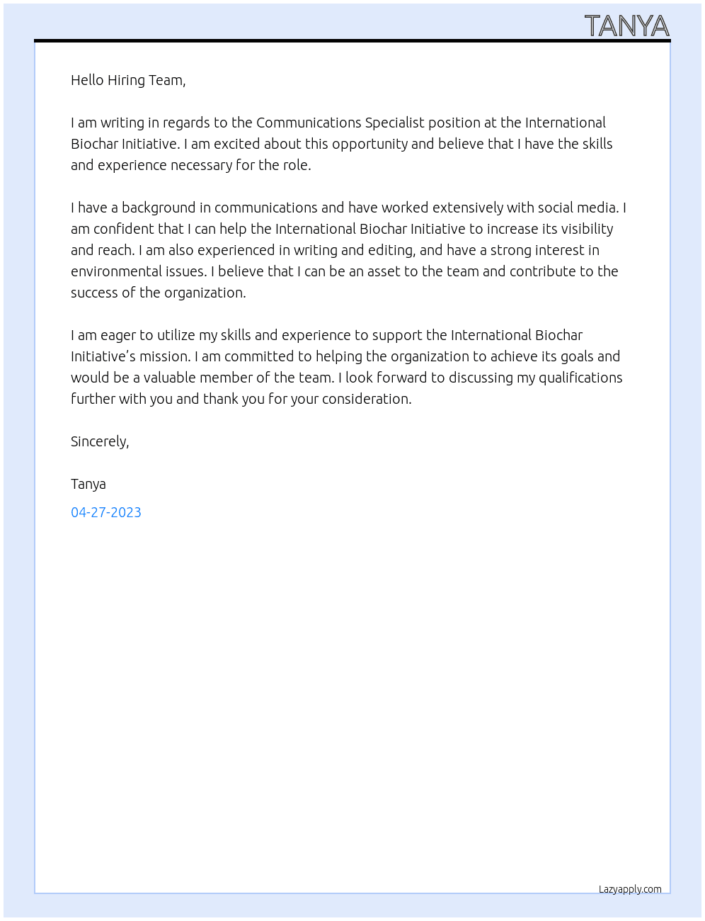 Communications Specialist At nternational Biochar Initiative  Cover Letter