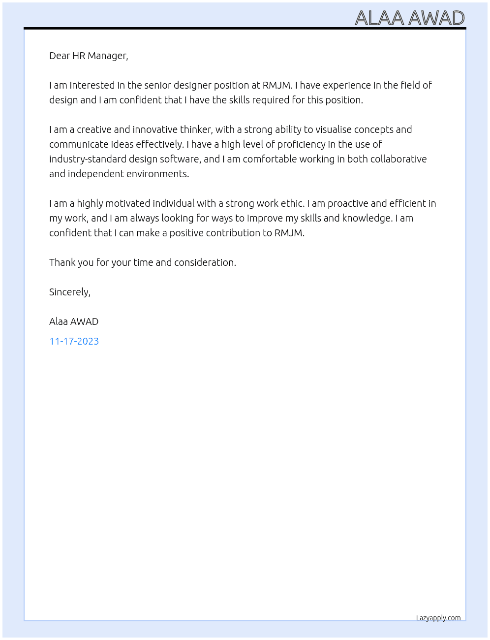 senior designer At RMJM Cover Letter
