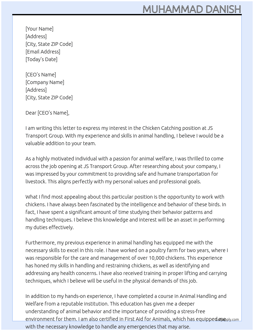 CHICKEN CATCHING At JS Transport Group Cover Letter
