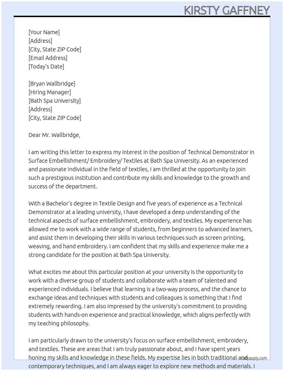 Technical Demonstrator in Surface Embellishment/ Embroidery/ Textiles At Bath Spa University  Cover Letter