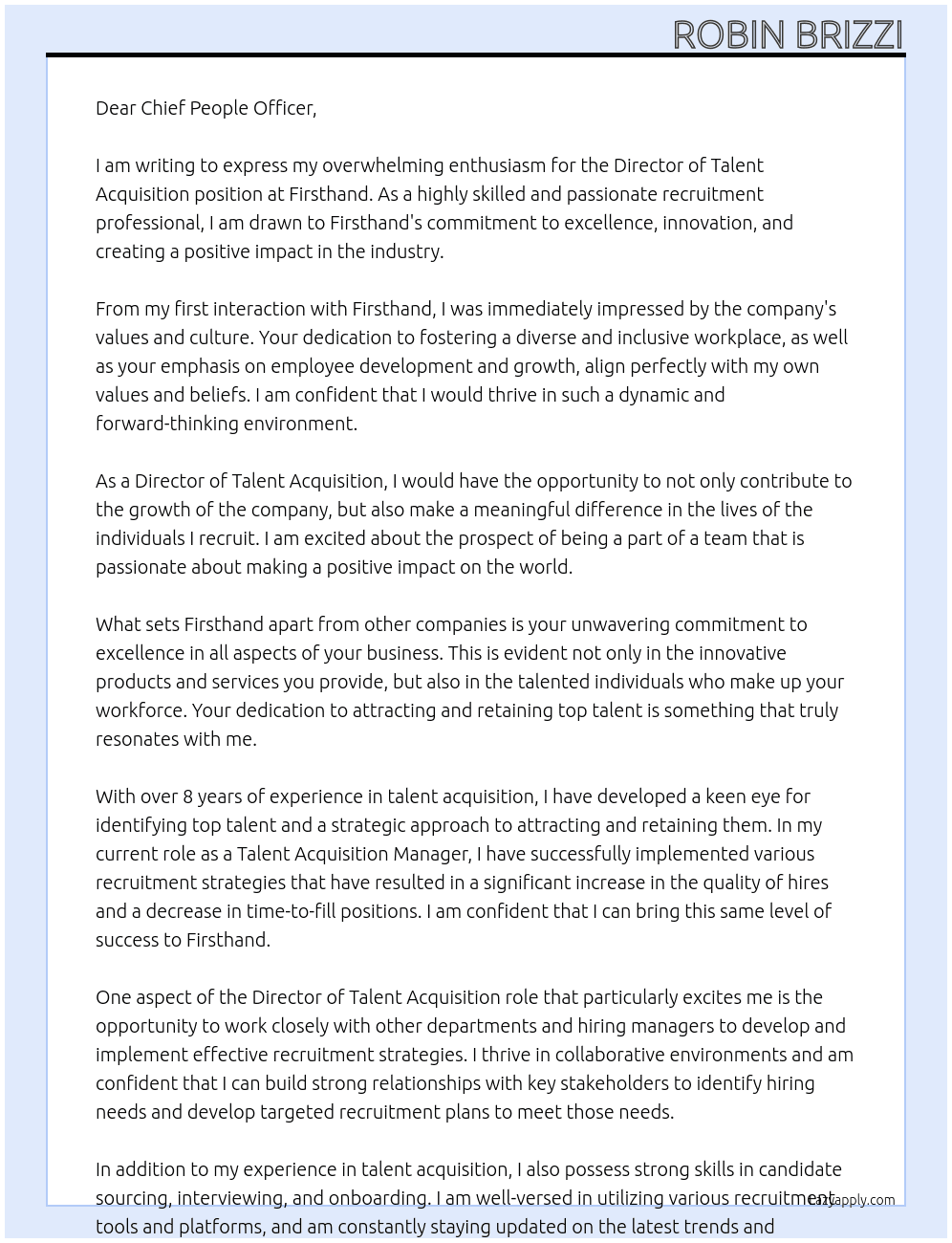 Director of Talent Acquisition At Firsthand Cover Letter