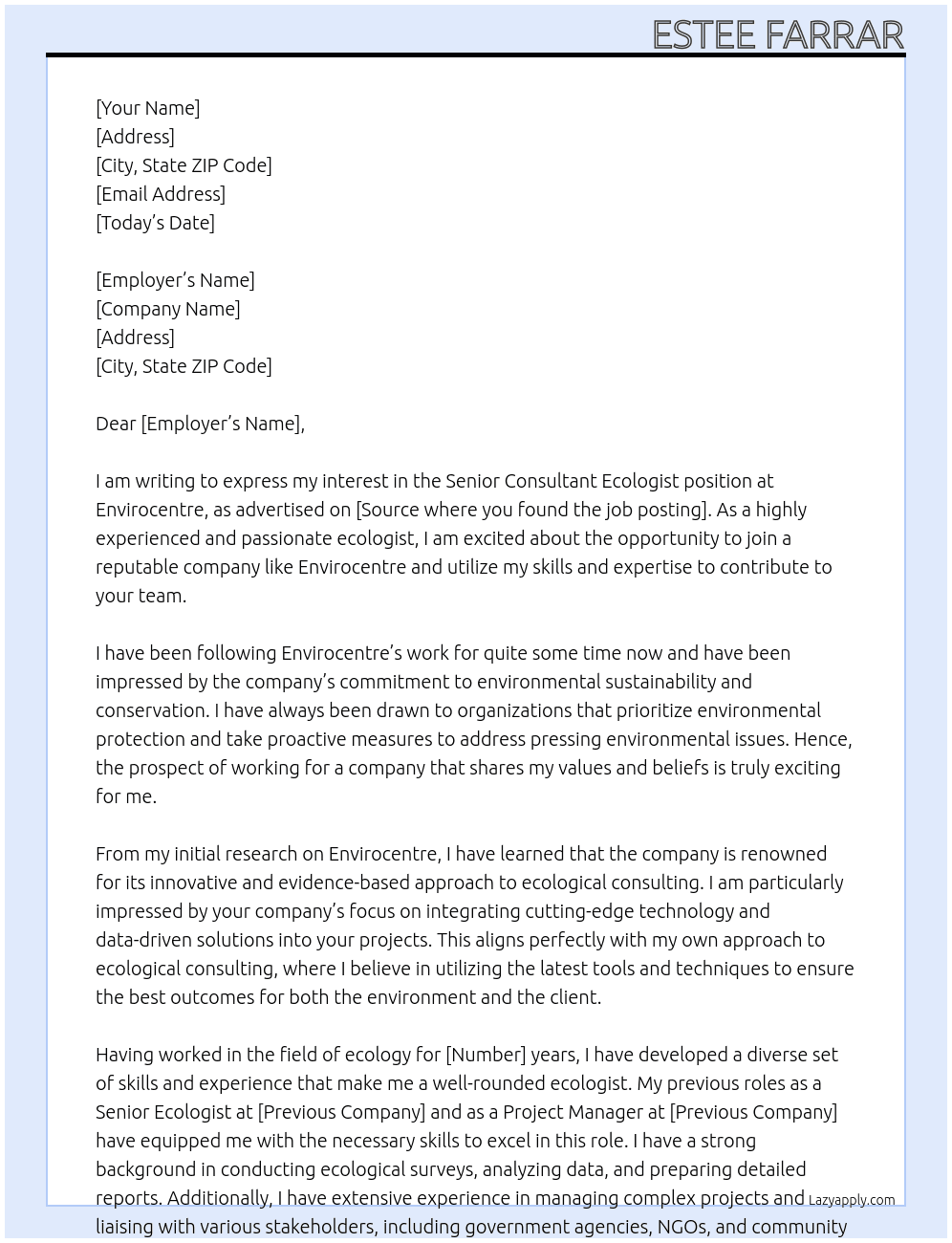 Senior Consultant Ecologist At Envirocentre Cover Letter