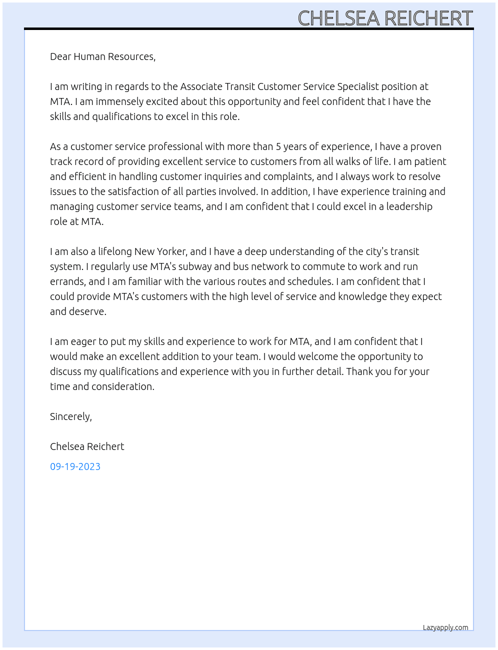 Associate Transit Customer Service Specialist At MTA Cover Letter