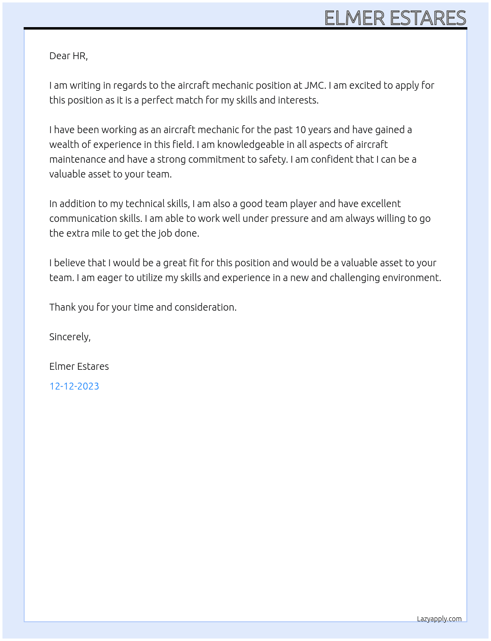 Aircraft Mechanic At JMC Cover Letter