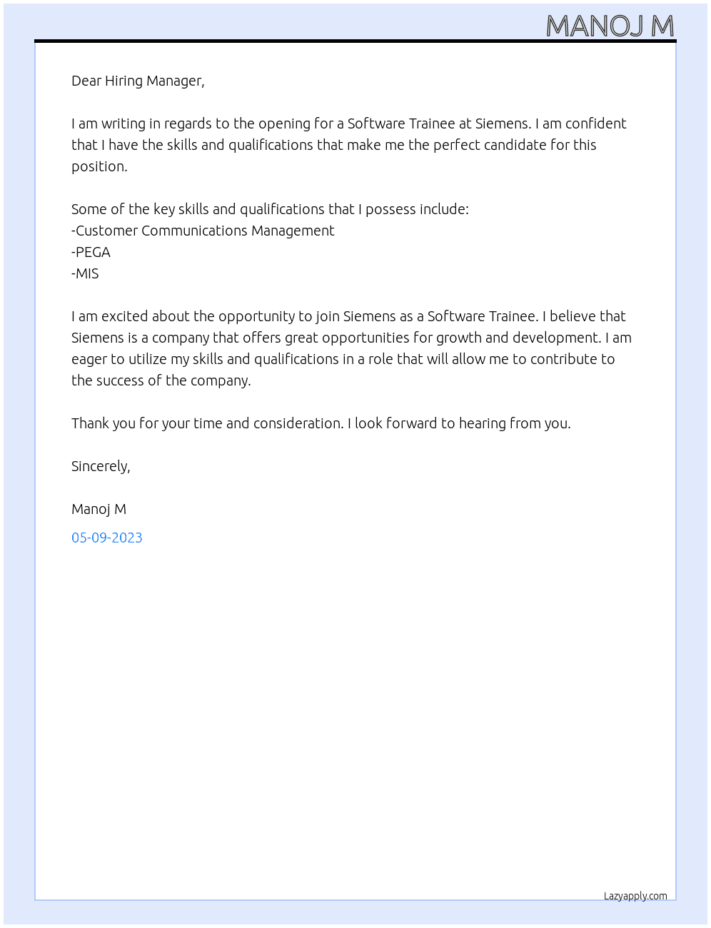 Software Trainee At Siemens Cover Letter
