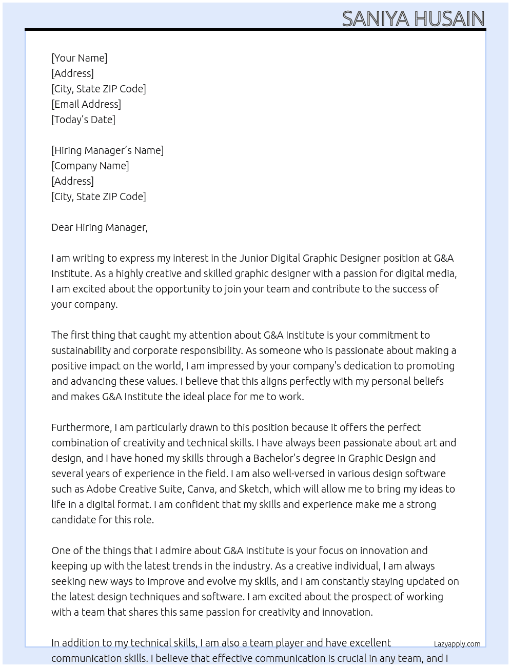 Junior Digital Graphic Designer At G&A Institute Cover Letter