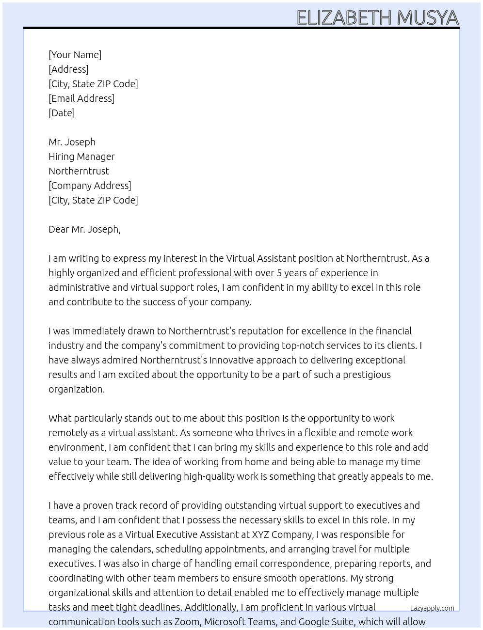 VIRTUAL ASSISTANT At NOTHERNTRUST Cover Letter