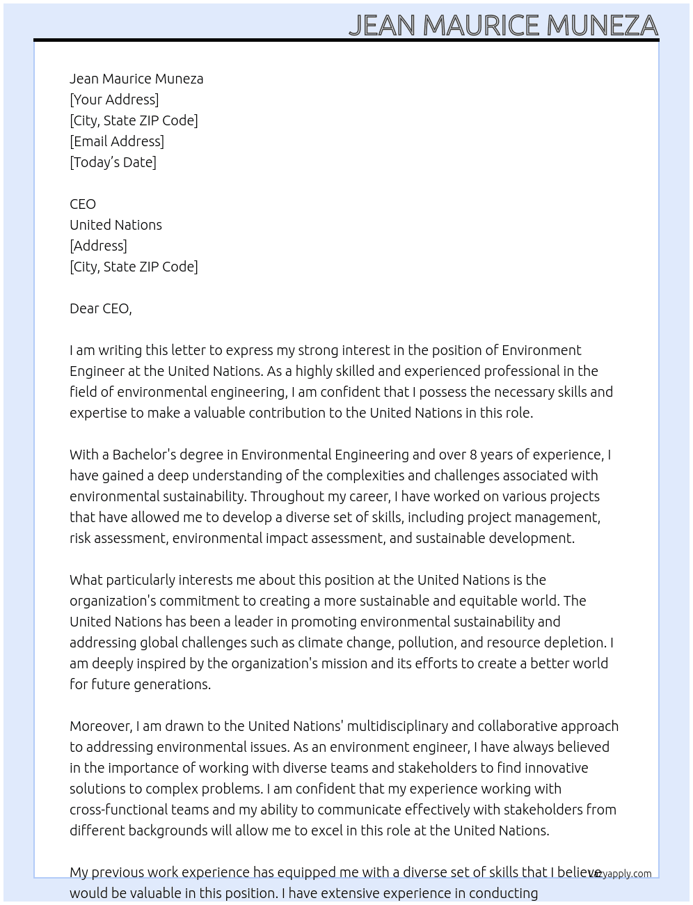 Environment engineer  At United Nations Cover Letter